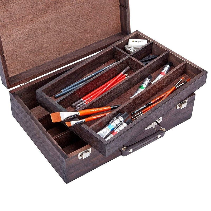 KINGART Wood Art Storage Box With Espresso Stain, 2-Tier Wood Case with 10 Dividers, Holds Markers, Paint, Brushes, Pencils, And More - Image 5